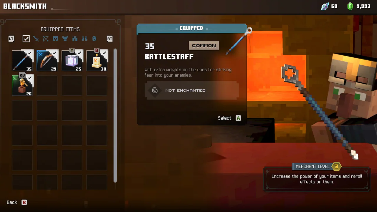 発売前のBLACKSMITH画面全体。BATTLESTAFFを選択し、装備の強化と効果の再抽選についての説明が表示されている。
