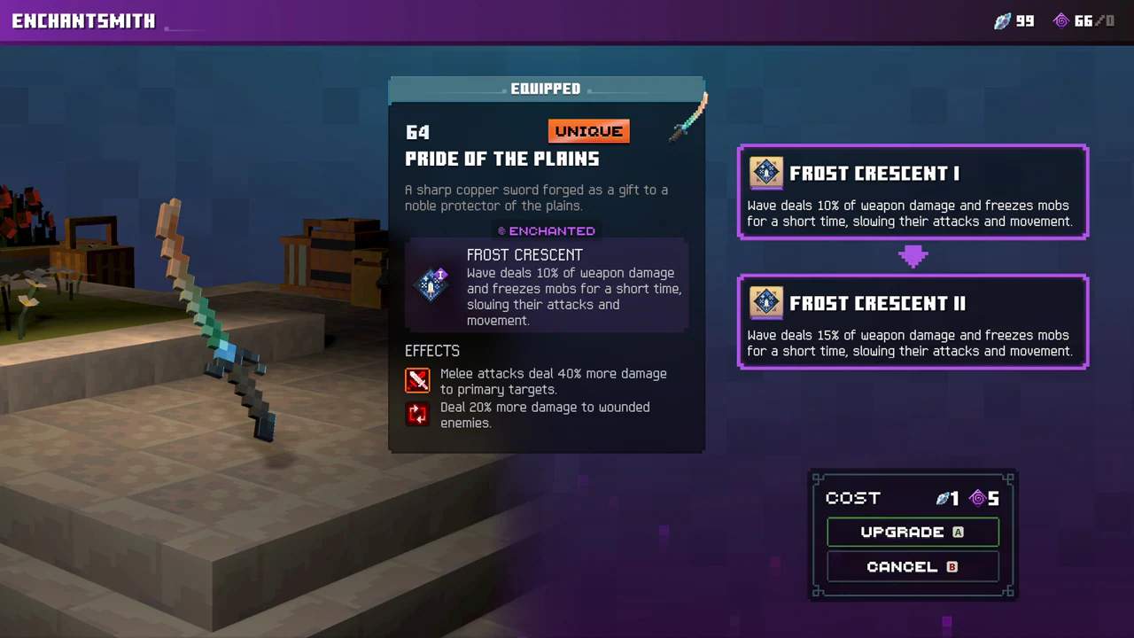 発売前のENCHANTSMITH画面全体。PRIDE OF THE PLAINSとFROST CRESCENT IからIIへの比較、COST欄が表示されている。